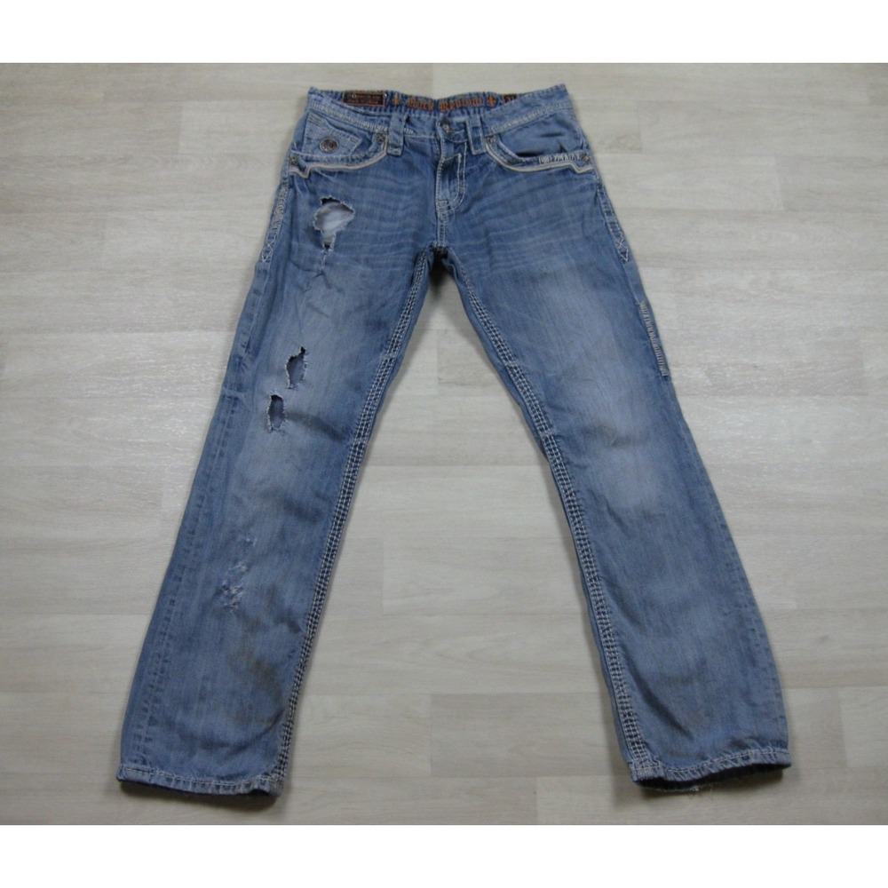 Rock Revival Jason Boot Cut Denim Jeans Men's (31x30.5) Contrast Stitch Distress